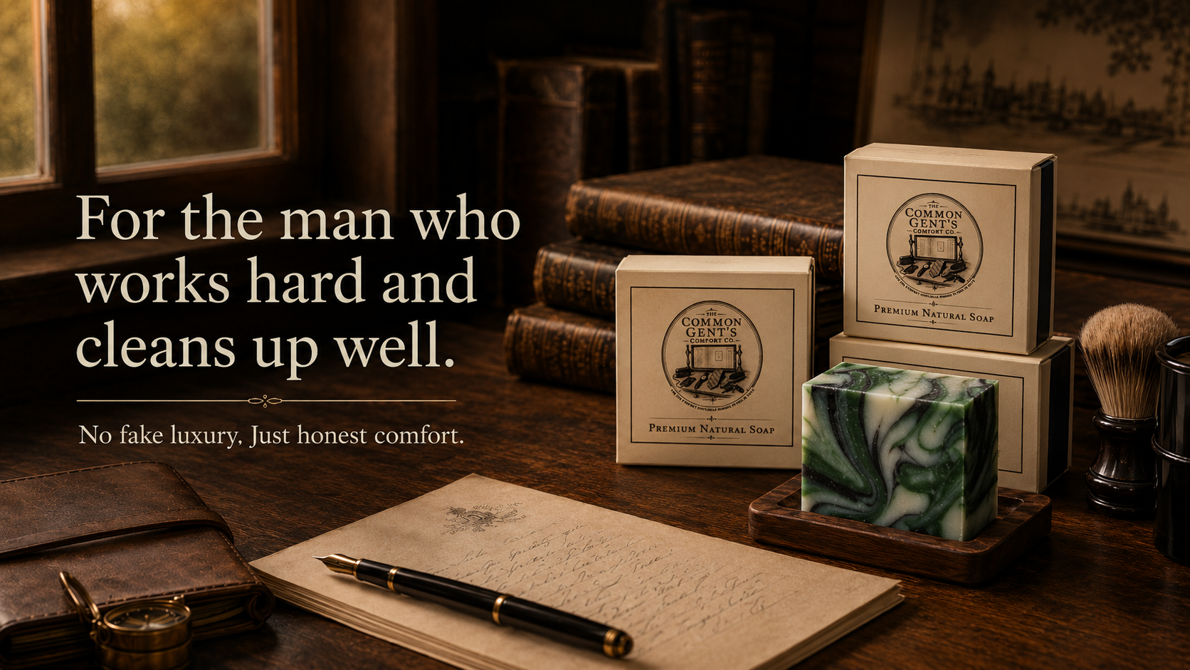 A boxed bar of soap labeled 'Common Gent's Premium Natural Soap' sits on a wooden table in a warm, vintage-style setting with stacked books and a window. Large text on the left reads, 'For the man who works hard and cleans up well.