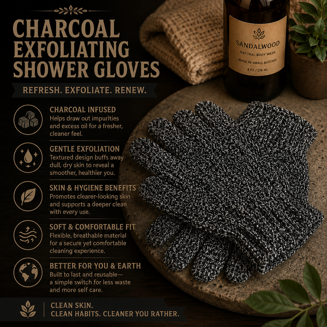 Charcoal Exfoliating Shower Gloves